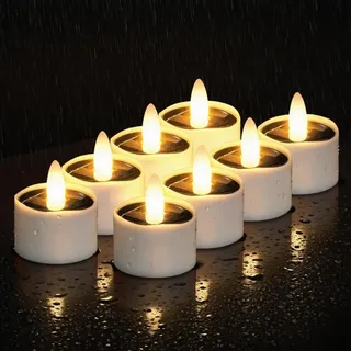 HL Solar Teelichter für Außen Wasserdicht,Flammenlose Solarkerzen,Solar licht outdoor Dusk To Dawn solarlichter Wiederaufladbar LED Flackernd für Garten Party Tisch Deko(Warmweiß 8 Stück 3.8cm)