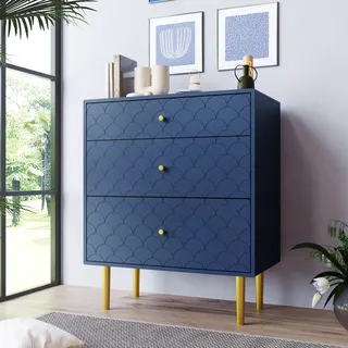 okwish Kommode mit 3 Schubladen, Schubladenkommode Marineblau-H89/B75/T40 cm Sideboard Highboard für Schlafzimmer & alle Wohnräume - Blau
