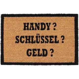 Relaxdays Kokosmatte ALLES DABEI?, Fußmatte aus Kokosfasern, rutschfeste Türmatte, Handy, 40x60cm, natur/schwarz