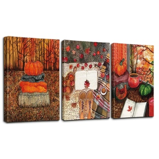 Ohok Premium Leinwandbilder Kunstdruck Bilder 30x40cm, Leinwanddruck Bilder 3er-Set Wandkunst Dekor Bild mit Holzrahmen Wandbilder für Schlafzimmer Büro Home Dekorationen (Herbst-Kürbis)