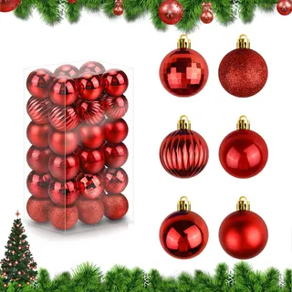 Mulaibdin 36 Stück Weihnachtskugeln Rot, Christbaumkugeln Kunststoff Glitzer & Matt, Klein Wetterfeste Weihnachtskugeln 4cm, Weihnachtsbaumschmuck Kugeln, Tannenbaum Kugeln Plastik für Weihnachtsdeko