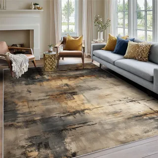 Generisch Teppich Abstrakt Modern Wohnzimmer 120 x 160 cm Mit 3D Schwarz Gold Antik Vintage Muster, Abstrakt Modern Schlafzimmer Deko Bettvorleger, Kurzflor rutschfest Waschbar Teppiche Gegend