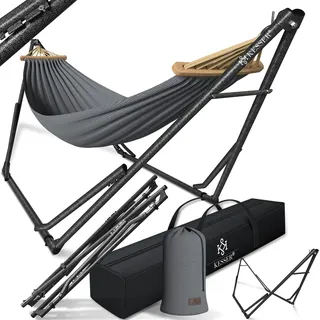 KESSER® Hängematte Vill mit Gestell Metall Faltbar verstellbar Stabiler Rahmen Indoor & Outdoor Mit Tragetasche + Beutel Hängesessel Hängemattengestell Camping Garten Pool Balkon Terrasse - Grau