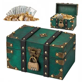 Spetsbst Schatztruhe Holz, Vintage Schatzkiste Holztruhen mit Zahlenschloss, Holz Aufbewahrung für Schatzsuche/Piratenspiele/Geschenkboxen/Mottopartys
