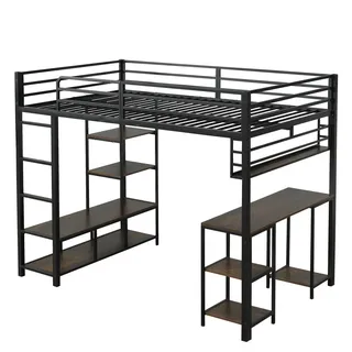 Wishdor Hochbett 120/200 cm in Schwarz & Dunkelwalnuss mit Schreibtisch und Ablage , Metall, Holzwerkstoff , Rechteckig , 120x200 cm , Babymöbel & Kindermöbel, Kinderzimmer & Jugendzimmer, Kinderbetten, Hochbetten