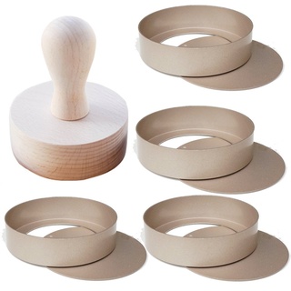 TAMUME Roségold Aluminium Törtchen-Form-Set von 4 mit einer Holzpresse, Runde Backform 4er Set und Gebäckform und Torte, Tart & Quiche Pfannen