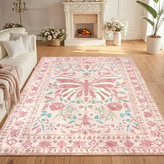 TUKDAK Schmetterling Teppich Wohnzimmer 160x230cm, Moderner Kurzflor Teppich Schlafzimmer, Waschbar Anti-Rutsch Teppiche Teppichen für Kinderzimmer, Orientalischer Teppiche, Frühling Sommer
