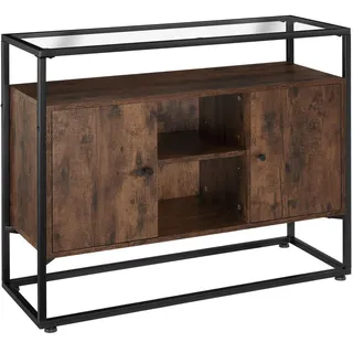 Tectake tectake® Sideboard, Oldham Industrial Style, Glasplatte, offenes Fach, 2 Staufächer mit Magnettüren und 3 Einlegeböden, 100 x 38 x 80,5 cm