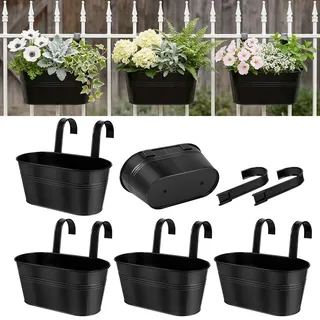 vensovo 5er Set Hängende Blumentöpfe aus schwarzem Metall – 27,3 cm x 13,5 cm x 11,9 cm – Mit abnehmbaren Haken & Drainageloch – Pflanzgefäße für Balkon, Geländer & Innen- und Außenbereich