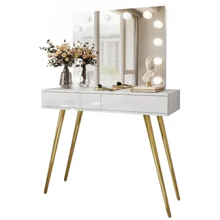 Schminktisch Sienna Gold Elite mit Spiegel Push Open , Goldfarben, Weiß Hochglanz , Holzwerkstoff , 100x81x42 cm , Schlafzimmer, Schminktische