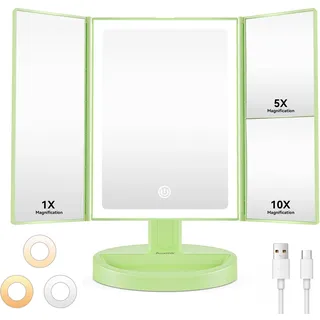 Auxmir Schminkspiegel mit Beleuchtung, 10X/5X/1X Kosmetikspiegel Vergrößerungsspiegel mit Licht & 3 Lichtfarben, Faltbar Spiegel mit Beleuchtung und Dimmbar LED Licht, USB Wiederaufladbar, Grün