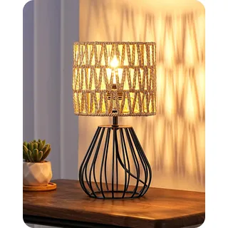 EDISHINE Tischlampe Wohnzimmer, Boho Tischleuchte mit gewebtem Papierseil-Schirm in Metallgitter-Optik, E14 Nachttischlampe Vintage für Schlafzimmer, 29 cm, inkl. 4W LED-Leuchtmittel, Schwarz