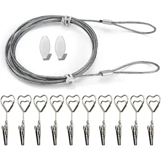 Fotoseil mit Klammern, Fotodrahtseil mit 10 Stück Metall Fotohalter Fotoleine 160cm x 2mm Fotokette Stahlseil mit Ösen und Haken zum Fotos und Kinderzeichnungen Aufzuhängen, Kartenhalter in Herzform
