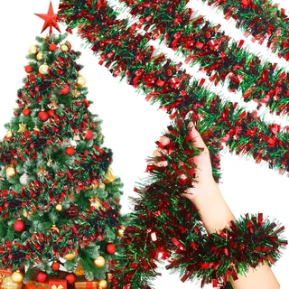 10 M Weihnachtsgirlande Onlvmyur Girlande Lametta Tannenbaum Lametta Grüne & Rote Tannengirlande Weihnachten Girlande für Dekoration Innen und Außen