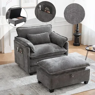 Sweiko Moderner übergroßer Sessel mit Fußstütze und Hocker, Samt-Loungesessel mit Seitentaschen und Kissen, bequemer Lesesessel für Wohnzimmer, Schlafzimmer und Wohnung