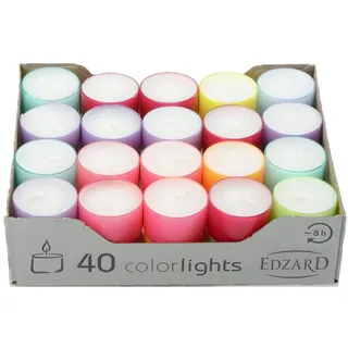 EDZARD Colorlights Summer, 40 Teelichter weiß in farbigen Kunststoff Cups, Durchmesser 38 mm, Höhe 24 mm, Brenndauer 4 Stunden, ohne Duft - Farbenfrohe Teelichtkerzen für stimmungsvolle Sommerabende