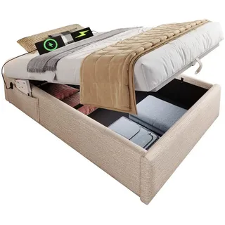 Flieks Polsterbett 90x190cm Einzelbett Stauraum Usb-C & Lattenrost Natur , Beige , Holz , 90x190 cm , Schlafzimmer, Betten, Polsterbetten