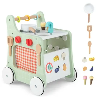 FANTASK 6 in 1 Lauflernwagen aus Holz, Lauflernhilfe mit Spielküche, Lernuhr, Formanpassung & beweglichem Schieber, Kinderküche Baby Walker mit Rädern für Kinder ab 1 Jahr (Grün)