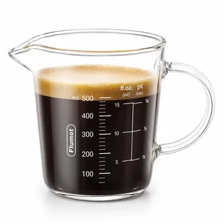 Flumot Glas Messbecher 500 ml aus Borosilikatglas mit Skala | Präzise Skala in ml, fl. oz. und pt, mit Ausguss und ergonomischem Griff, mikrowellengeeignet zum Backen, Kochen und Kaffee