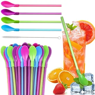 25 Stück Strohhalm Mit Löffel,Hart Wiederverwendbare Löffelstrohhalme,Trinkhalme Löffel,Slush Strohhalme Mit Löffels,Für Slush Eis Becher,Milchshakes,Joghurt & Cocktails