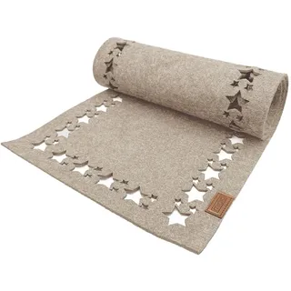Miqio Design Filz Tischläufer Sterne | Tischläufer Winter | 150x 40cm abwaschbar | Filzläufer 0ekotex Filzstoff mit Echtleder Label | Tischdecke Weihnachten- Beige