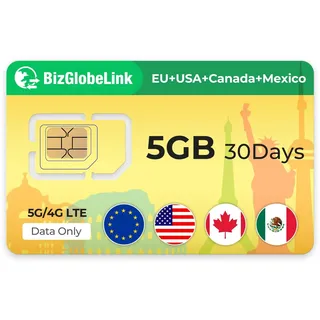EIOTCLUB Prepaid SIM für Reisen, BizGlobeLink SIM-Karte Internationale Nutzung in USA, Kanada und Mexiko, nur Daten, 5G/4G LTE, ohne Vertrag, nachfüllbar, für Handys, WLAN-Router & Tablets