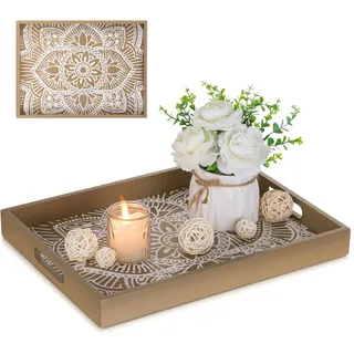 Hanobe Holztablett Rechteckig Deko Serviertablett: Boho Dekotablett Blumen Holz Tablett mit Henkel Braun Klein Kerzen Tabletts Bauernhaus Kerzentablett für Couchtisch Teelicht Küche Tisch