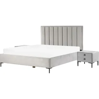 BELIANI Bett mit 2 Nachttischen Hellgrau Samtstoff Gesteppt mit Hohem Kopfteil Bettkasten Lattenrost 180x200 cm Hochklappbar Schlafzimmer Komplett Set - Grau, Schwarz