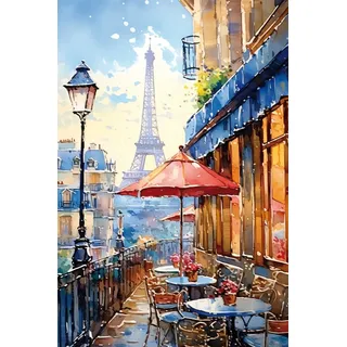 Leinwandbild BÖNNINGHOFF "Wandbild CAFE IN PARIS 60x90 cm – Leinwandbild Keilrahmen Deko modern", rot (farbe bild(er): rot, blau), B:90cm H:60cm T:1,8cm, Canvas, MDF, Bilder, Leinwandbild, auf Keilrahmen gespannt
