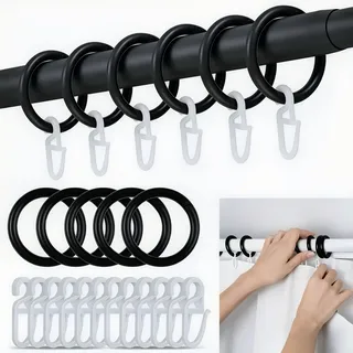 200 Stück Gardinenringe schwarz Weiß Set,100 Stück Vorhangringe mit 100 Gardinenhaken für 30 mm Innendurchmesser, Kunststoff,Vorhangringe Mit Haken,Duschvorhangringe,für Vorhänge, Dusche, Türen