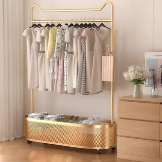 ihomemore Metall-Kleiderständer Kleiderständer Home Clothing Rack mit Lagerung Regal für hängende Kleidung Mäntel Röcke Hemden Pullover Schwarz Gold