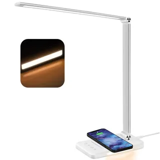 Schreibtischlampe, LED-Tischlampe mit kabellosem Qi-Ladegerät, 10 W, USB-Ladefunktion, 1200 Lux LED-Schreibtischlampe, dimmbar, Leselampe, Nachtlicht, Speicherfunktion, empfindliche Steuerung, 6000 K,