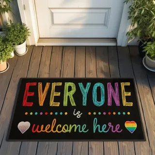 Gleemix Regenbogen Fußmatte Everyone is Welcome Here, Pride Monat Welcome Fussmatte, Türmatte rutschfest Waschbar, Pride Fussmatte Innen und Außen, LGBTQ Fußmatte, Küche Bodenmatte Teppich 40 x 60 cm