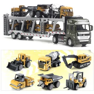 7-in-1 Transport Lkw Spielzeug – Alloy Modell mit 6 kleinen Baumaschinen, Rückziehfunktion, 12,6 Zoll, Grüner Lkw mit klassischem Bauwagen