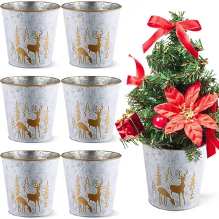 Zhehao Verzinkter Weihnachtseimer, 15 cm, Metallkorb, Eimer, Pflanzgefäß, dekorative Dose, Bauernhaus, Vintage-Blumenhalter, Dekoration für Weihnachten, Zuhause, Outdoor, Innenbereich, Elch-Stil, 6