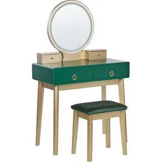 BELIANI Schminktisch Grün und Gold MDF-Platte mit Holzbeinen Rundem LED-Spiegel 4 Schubladen Hocker Glamour für Erwachsene Schlafzimmer Jugendzimmer - Grün, Gold