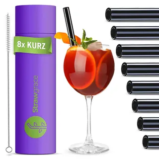 STRAWGRACE 8x Glasstrohhalme Schwarz - Länge: 15 cm - Innendurchmesser: 7 mm | Außendurchmesser: 10 mm [Hochstabil] Strohhalme Glas Wiederverwendbar - Glasstrohhalme kurz - Trinkhalme Schwarz