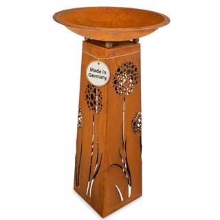 Rostikal Blumenständer Pflanzsäule mit Schale aus Edelrost, Pusteblumen-Motiv rundum, Höhe ca. 100 cm, Schale Ø 60 cm, konische Säule 22 × 22 cm Oben / 32 × 32 cm unten, handgefertigt in Bayern