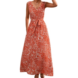 Cocoarm Damen Sommerkleid Ärmellos V-Ausschnitt Kleider Blumen Lange Kleid Maxikleid Lose Sommerkleid Elegant Strandkleid Partykleid Casual Dress(S-Orange)