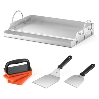 Onlyfire Plancha Grillplatte Set, Edelstahl Grillplatte Gasgrill für BBQ Gasgrill & Kohlegrill, Grill Plancha mit Grillspachtel und Grillschaber, Universelle, Ideal für Gemüse, Steaks, 50x32x7cm