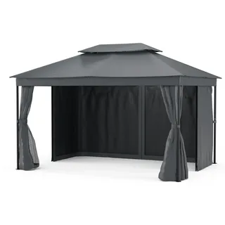 Blumfeldt Mondo Dual Pavillon 3x4 – Doppeldach & Moskitonetze, Rostfreier Metallrahmen, Wetterfeste Überdachung, Gartenpavillon, Dunkelgrau - Grau