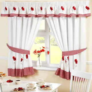 Homespace Direct Bestickte Blumen Gingham Kariert Mohn Bleistiftfalten Küche Vorhänge und Raffhalter, rot, Polyester, rot, 66 x 48-Inch