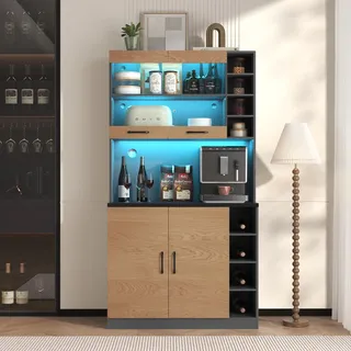 Flieks Küche Hochschränke Küchenbuffet mit LED, Küchenschränke Buffet mit Offenen Staufächern, Buffetschrank Highboard Küche, Naturbelassen - Naturbelassen