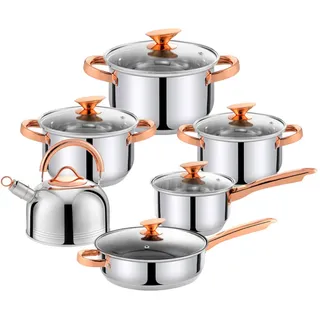 Haus Roland Edelstahl-Kochgeschirr-Set, 12-teilig, Griffe in Kupferoptik - Kupfer, Silber
