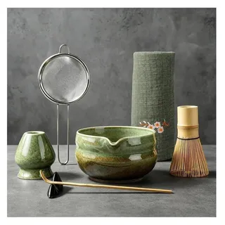 Matcha Set 7-teilig Keramik mit Bambus Besen Chasen, Schale mit Ausgießer, Halter, Sieb, Löffel, Teetuch
