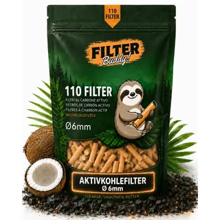 Aktivkohlefilter 6mm I 110 Aktivkohle Filter aus Kokoskohle I Keramikkappen | Hochwertige Ø 6mm Kohlefilter & Filtertips slim aus Kokosschale I Wiederverschließbarer Beutel I Aktivkohle I Filter Buddy