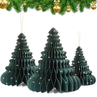 EKKONG Papier Christbaumschmuck 3er Set Deko Weihnachtsbäume Wiederverwendbar Weihnachtsbäume Wabenbälle aus Pappe Deko Weihnachtsbaum Grün zum Aufhängen oder Hinstellen 15-24-32