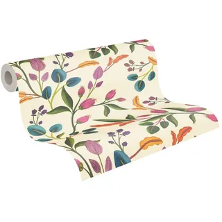 Livingwalls Anna D'Andrea Vliestapete Floral 10,05 m x 0,53 m - Creme, Grün, Lila, Blau - Tapete glatt - 782111