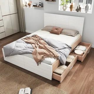 MODFU Doppelbett Holzbett Bettanlage 140×200cm mit 2 Schubladen, Stauraumbett Jugendbett mit Lattenrost(Ohne Matratze),Eiche/Weiß - Weiß