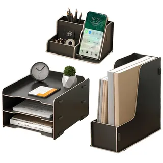 NUODWELL Holz Schreibtisch-Organizer-Set – 3-Etagen-Papier-Briefablage/A4-Datei-Dokumentenhalter/Stiftehalter, Desktop-Organizer und Aufbewahrung für Büromaterial (Schwarz)